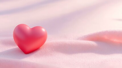 Pink heart on soft fabric, sunlit background, Valentine's Day, romantic greeting card design