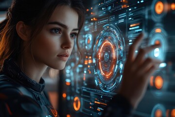 Naklejka premium Young woman interacting with futuristic digital interface in a high-tech environment during nighttime