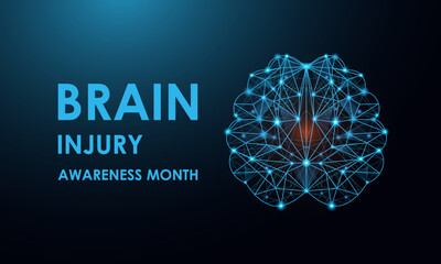 Low poly brain injury awareness month concept. Abstract modern 3d vector. Banner poster, flyer and dark blue background design template. Vector illustration. Eps 10.