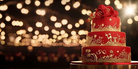 Elegant three-tiered red wedding cake adorned with intricate decorations and floral accents, beautifully set against a warm bokeh background of soft golden lights