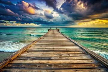 Obraz premium Weathered pier stretches into a serene, overcast ocean; a vintage panoramic scene.