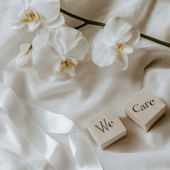 Elegant White Orchids with Decorative Blocks Displaying Inspirational Messages, Perfect for Wellness, Self-Care, and Home Décor Settings