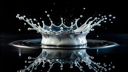 White liquid crown explodes against a stark black backdrop, a dramatic portrait in motion.
