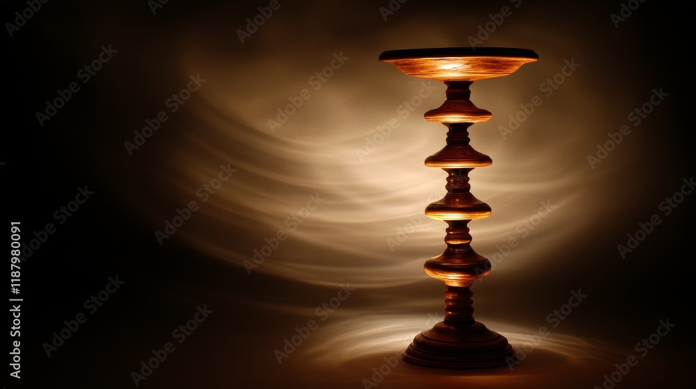 Poster elegant wooden pedestal lamp casting soft warm light against a dark background, creating an inviting