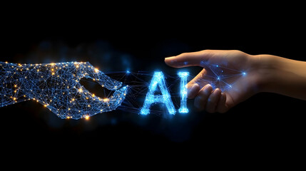 AI connection human, digital hands, dark