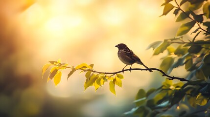 Golden Hour Bird Perched on Branch Amongst Leaves