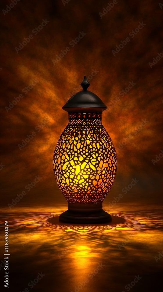 Poster ethereal decorative lantern with intricate patterns glowing in warm golden light against a softly te