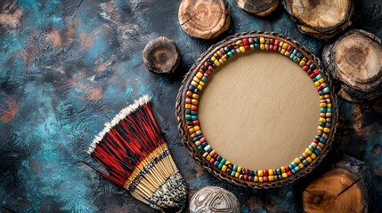 Vibrant Ethnic Decor: A Colorful Frame and Broom on Rustic Background