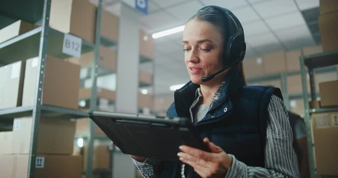 Female Logistics Coordinator, Manager Wearing Headset Chats to Customer, Uses Tablet Computer in Warehouse Facility. Logistics Distribution Center with E-Commerce Online Orders, Goods. Close Up.