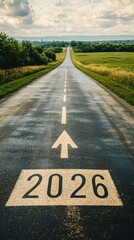 Fototapeta premium Long wet road with 2026 marking and clouds above stretching into the distance