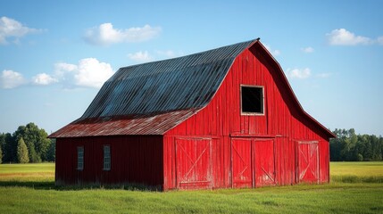 Red barn in sunny field with cloudy sky.