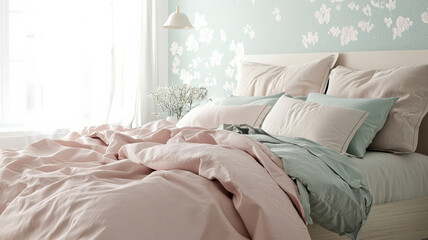 Obraz premium Serene Pastel Guest Bedroom. Floral accent wall, soft bedding & pastel tones. Calming & inviting guest room. Tranquil & stylish home decor