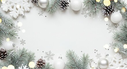 Winter holiday frame, white Christmas ornaments, silver snowflakes, pine branches, frosted pine cones, glittering baubles, soft white background, ethereal glow, seasonal border