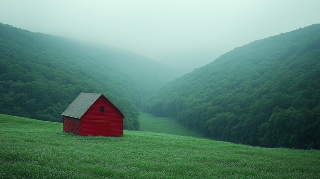Red barn in misty valley.