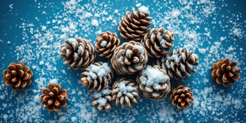 A cluster of brown pine cones dusted with fresh snow, scattered across a vibrant blue surface.