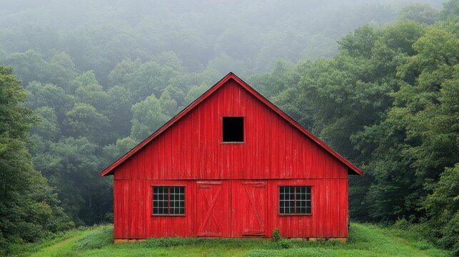 Red barn in misty green valley. - Powered by Adobe
