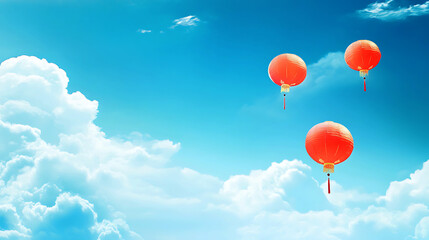 Naklejka premium Colorful Sky Lanterns Soar Above a Sunrise Cloud Sea, A breathtaking vista of illuminated sky lanterns gracefully ascending through a vibrant sunrise sky filled with fluffy clouds.