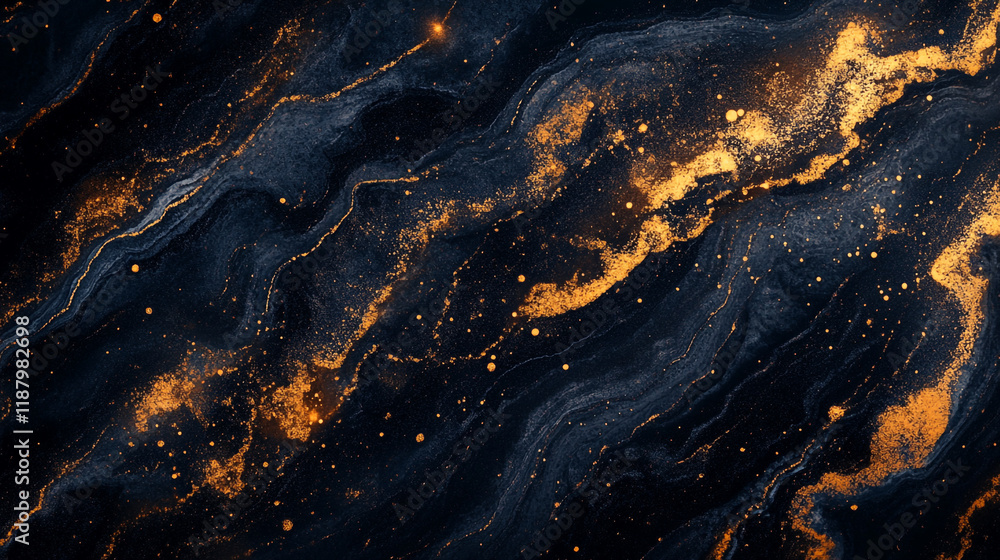 Poster elegant black and gold abstract design with flowing patterns and sparkles
