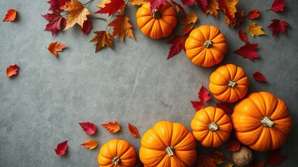 Fototapeta premium Autumnal Still Life with Pumpkins and Colorful Leaves on a Gray Background