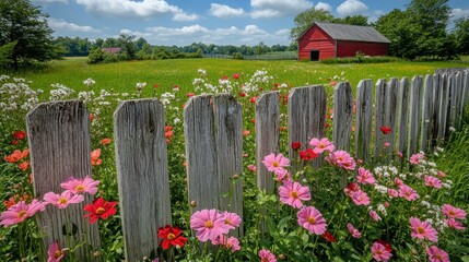 Fototapeta premium Red barn, wildflowers, fence, farm field landscape, summer scene.