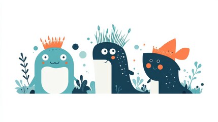 Obraz premium Playful and Colorful Cartoon Sea Creatures with Unique Features and Expressions Surrounded by Marine Plants and Bubbles on a Light Background