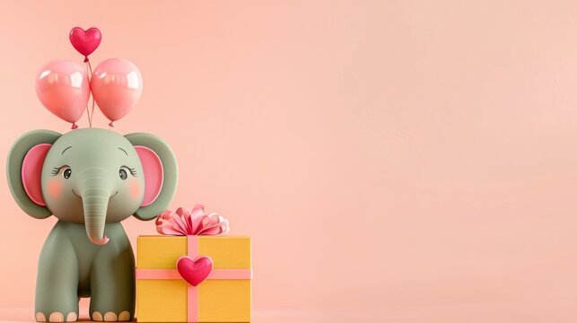 Cute Elephant Gift Box Balloons Pink Background Birthday Celebration Love