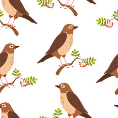 Colorful birds perched on branches among leaves and berries in a cheerful pattern design