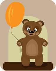 Cute teddy bear with a balloon on a brown background.