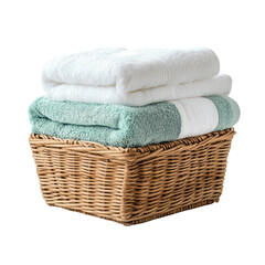 Freshly Folded Towels Stack in a Woven Basket for Home Decor and Bathroom Styling