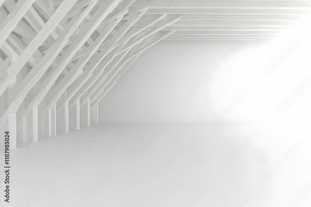 Poster abstract white architectural interior design; spacious hall with complex wooden framework; bright li