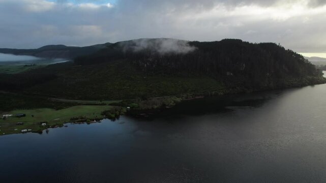 Aerial view of mountains lining New Zealand's Waikato River.