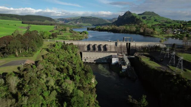 Drone shot of the Whakamaru Dam in New Zealand.