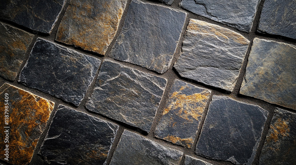 Poster unique textured slate tiles arranged in an artistic pattern on the floor