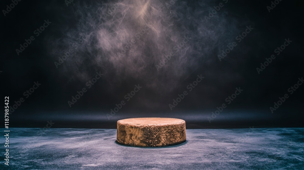 Poster dark studio background with circular platform smoke effect product display