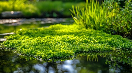 Fototapeta premium Lush Green Floating Plants on Serene Water Surface with Reflections in the Morning Light, Capturing a Tranquil Nature Scene in a Botanical Garden