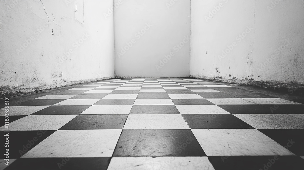 Poster checkerboard floor pattern in an empty room with white walls