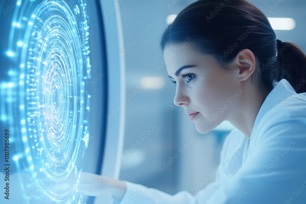 Aufkleber engaged female scientist analyzing futuristic holographic data visualization in modern laboratory en