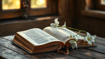 An open book resting on a wooden surface, with delicate white blossoms adorning its pages, a symbol of peace and tranquility.