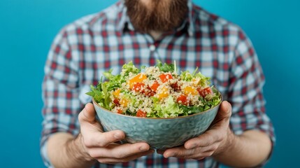 Fresh Healthy Salad Bowl Held by Man in Checkered Shirt