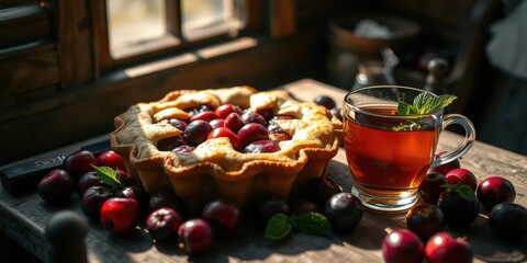 Naklejka premium A rustic still life featuring a freshly baked fruit pie, a cup of tea with a sprig of mint, and a scattering of ripe plums, all bathed in warm, golden sunlight.
