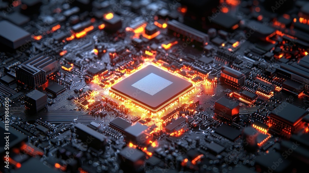 Poster glowing cpu microchip circuit board: high-tech digital innovation