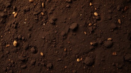 Close-up texture of rich dark soil with small pebbles and a sprinkling of sand, offering a natural, earthy background.
