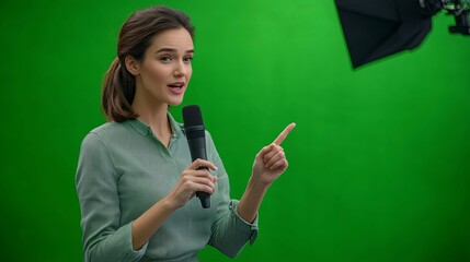 Confident Presenter with Microphone, Green Screen Background, Studio Setting