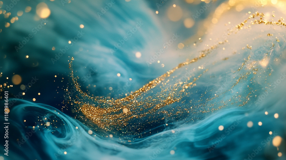 Poster swirling blue and gold patterns create a mesmerizing abstract background