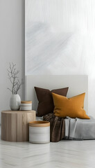 Cozy minimalist bedroom interior design with wooden furniture, autumnal pillows, and a neutral background, perfect for home décor blogs and magazines