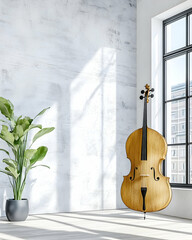 Double bass in minimalist room, sunlight, city view.  Perfect for music, home decor, interior design websites