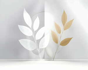 Elegant gold and white leaves in minimalist studio setting, ideal for beauty or wellness product promotion