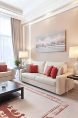 Elegant living room interior design, featuring a beige sofa with red cushions, large windows, and artwork, ideal for luxury home décor websites