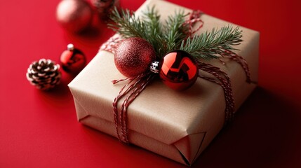 A beautifully wrapped Christmas gift box with glittering ornaments and fresh fir branches, placed on a bright red background, ideal for holiday visuals.