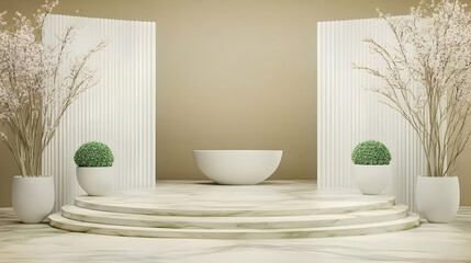 Elegant minimalist product display stage with plants and marble texture, ideal for showcasing cosmetics or luxury items